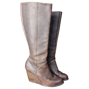 Fossil Brown Leather Knee High Wedge Boots | Boho Western Festival | Size 9.5
